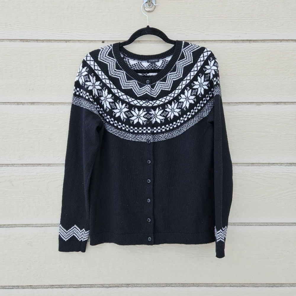 Talbots black and white fair isle cardigan sweater medium